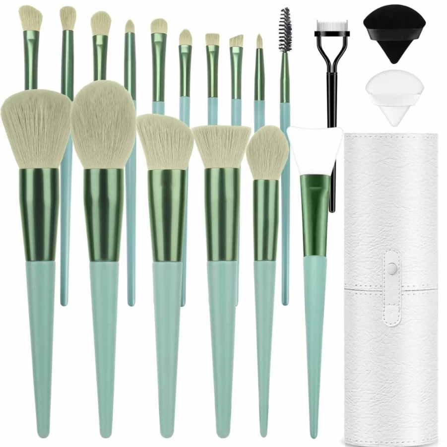 LUXBRU 20Pcs Professional Makeup Brush Set With Travel Case - Foundation, Powder, Eyeshadow, Concealer, Contour Brushes & 2 Powder Puffs - White