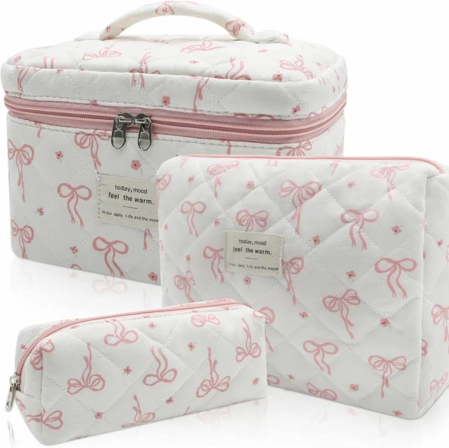 Gosect Large Quilted Floral Makeup Bag for Women, Cute Cotton Cosmetic Travel Toiletry Organizer, Flower Printed Make Up Pouch