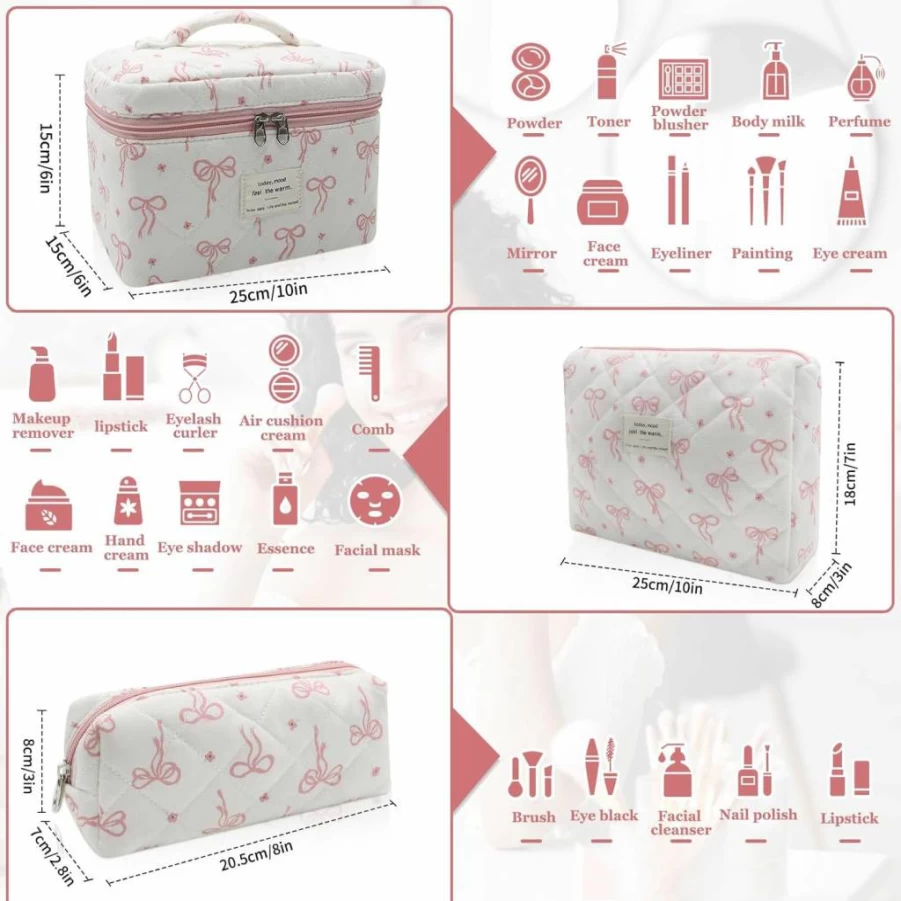 Gosect Large Quilted Floral Makeup Bag for Women, Cute Cotton Cosmetic Travel Toiletry Organizer, Flower Printed Make Up Pouch