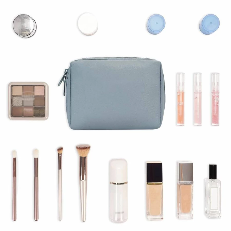 Narwey Large Blue Leaf Makeup Bag for Women - Travel Cosmetic Organizer with Multiple Compartments, Cute Toiletry Bag for Girls