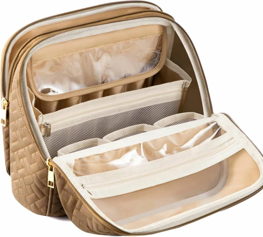 JOYYTUU Large Waterproof Travel Makeup Bag with Mirror & Brush Organizer, Portable Standing Cosmetic Case with Handle, Pink Makeup Organizer for Women