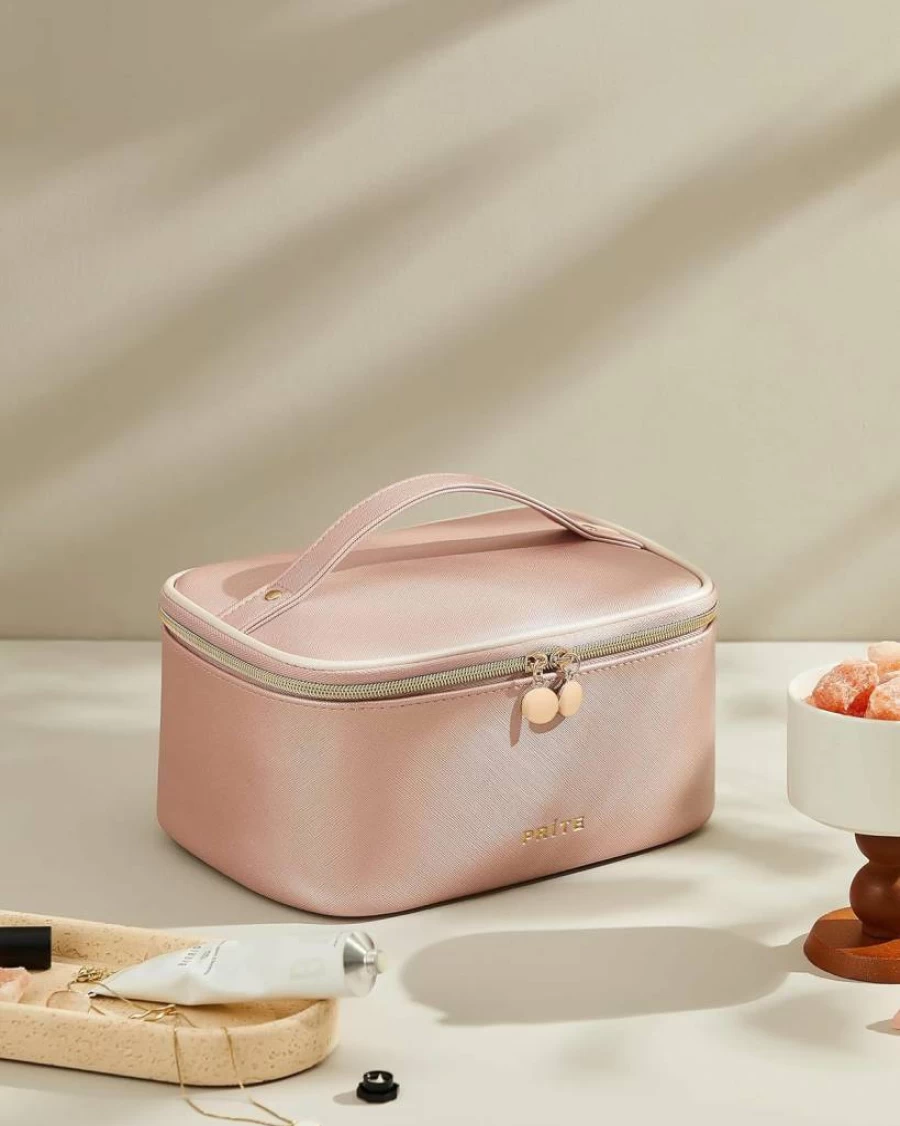 Prite Large Waterproof Makeup Bag for Women - Travel Cosmetic Organizer with Handle, Divider & Black Rhombus Design, Portable High Capacity Toiletry Case