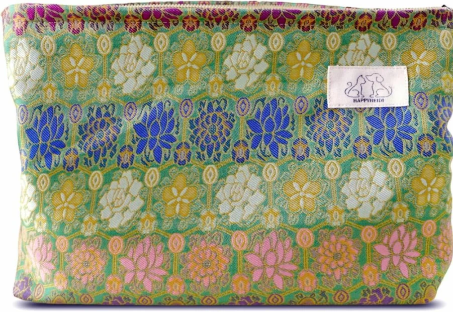 HAPPYHEIDI Women's Floral Print Corduroy Makeup Bag Travel Cosmetic Pouch Organizer Purse Khaki