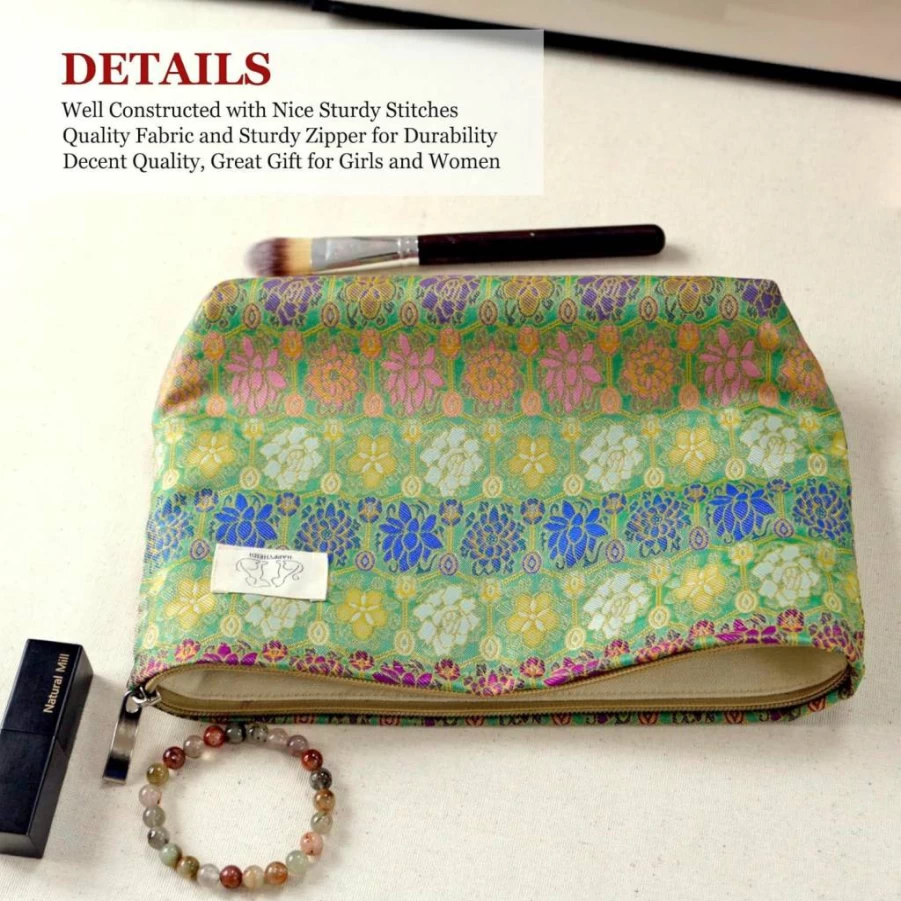 HAPPYHEIDI Women's Floral Print Corduroy Makeup Bag Travel Cosmetic Pouch Organizer Purse Khaki