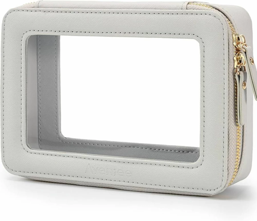 Aveniee Slim Clear Makeup Brush Bag - Mini Travel Cosmetic Organizer with Dual Zipper, Thin Toiletry Case for Women, White