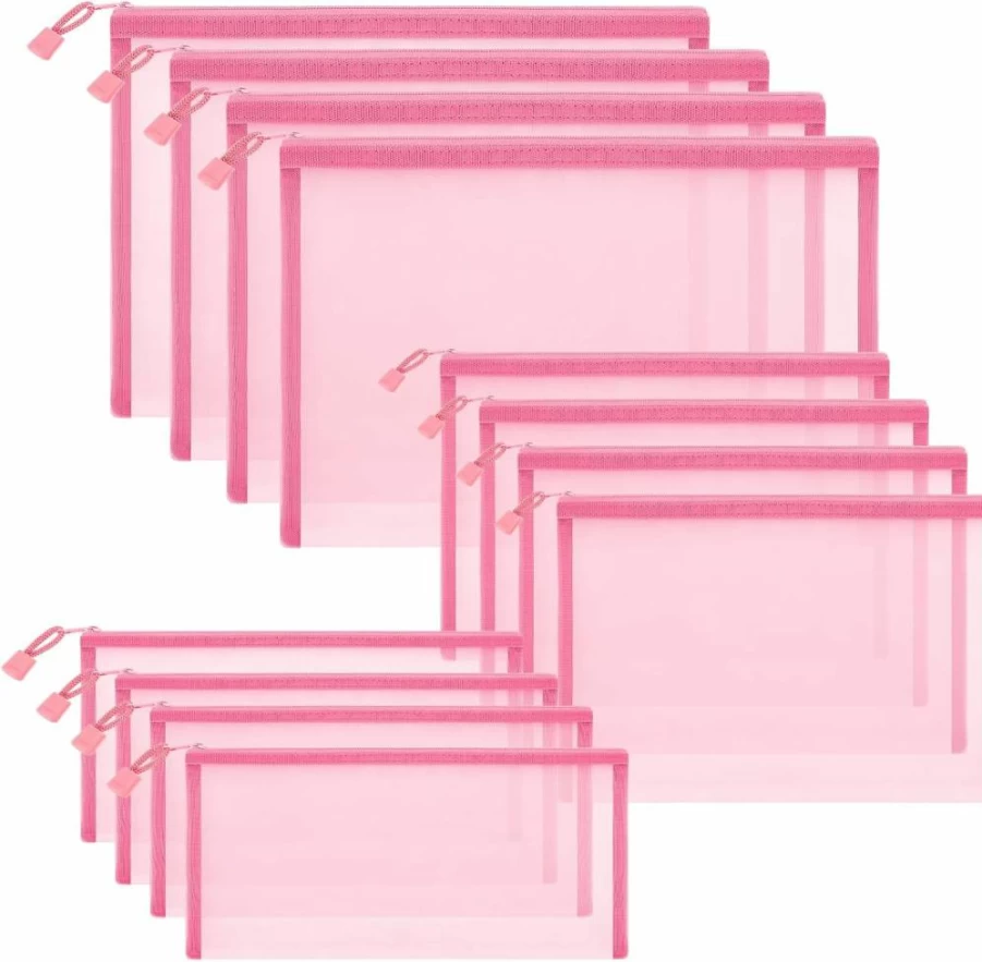 12 Pieces Sinzip A5 Pink Nylon Mesh Zipper Pouch, Multipurpose Cosmetic Makeup Bags for Travel, School, Office Supplies & Accessories