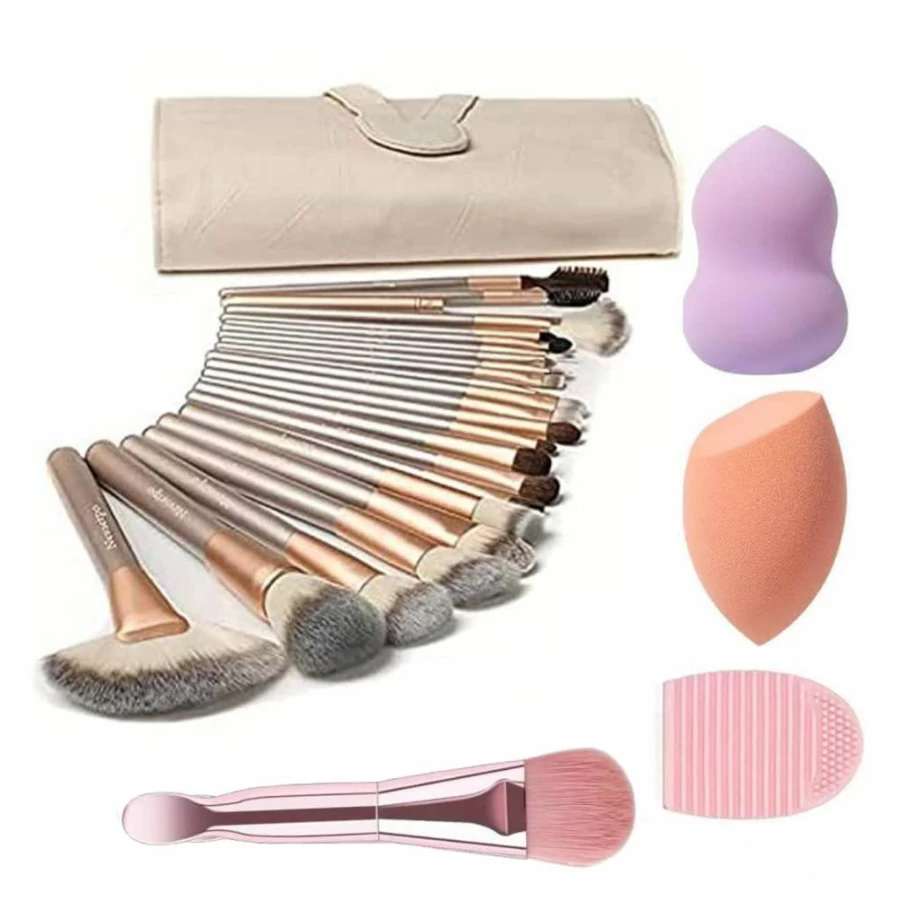 NEVSETPO 28Pcs Makeup Brush Set with Beauty Blender & Travel Bag - Synthetic Foundation, Powder, Concealer, Eyeshadow, Blush Brushes - Champagne