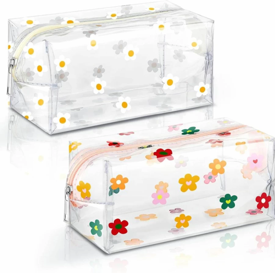 Amylove 2 Pack Floral Makeup Bags for Women - Cute Daisy Zipper Pouches, Portable Travel Toiletry & School Organizer, Waterproof Cosmetic Case for Bathroom Vacation Accessories