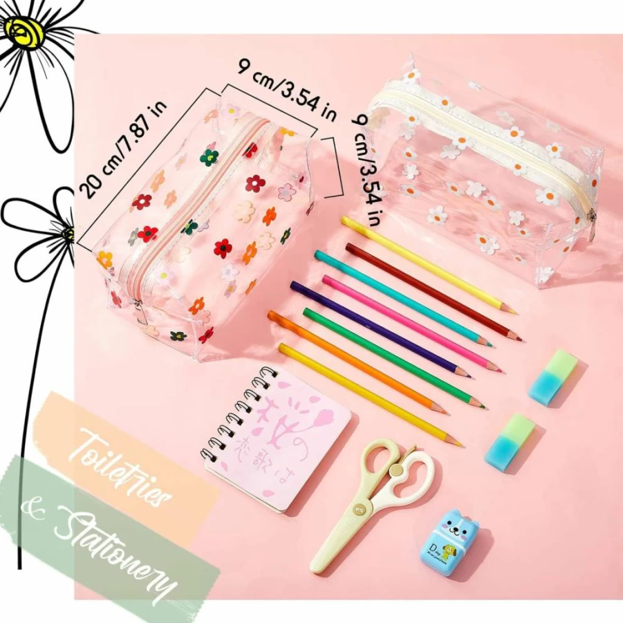 Amylove 2 Pack Floral Makeup Bags for Women - Cute Daisy Zipper Pouches, Portable Travel Toiletry & School Organizer, Waterproof Cosmetic Case for Bathroom Vacation Accessories