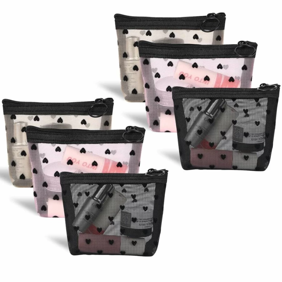 MHDGG 4-Piece Heart Print Mesh Cosmetic Bags Set - Portable Travel Makeup Pouches, Zippered Toiletry Organizer for Women, Pencil Case & Beauty Accessories