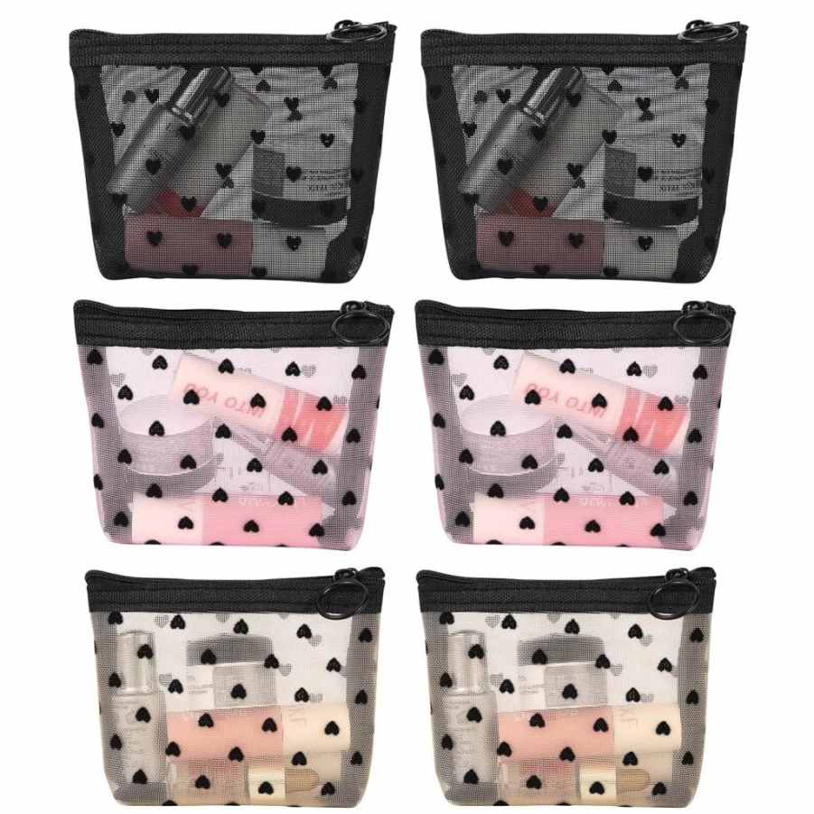 MHDGG 4-Piece Heart Print Mesh Cosmetic Bags Set - Portable Travel Makeup Pouches, Zippered Toiletry Organizer for Women, Pencil Case & Beauty Accessories
