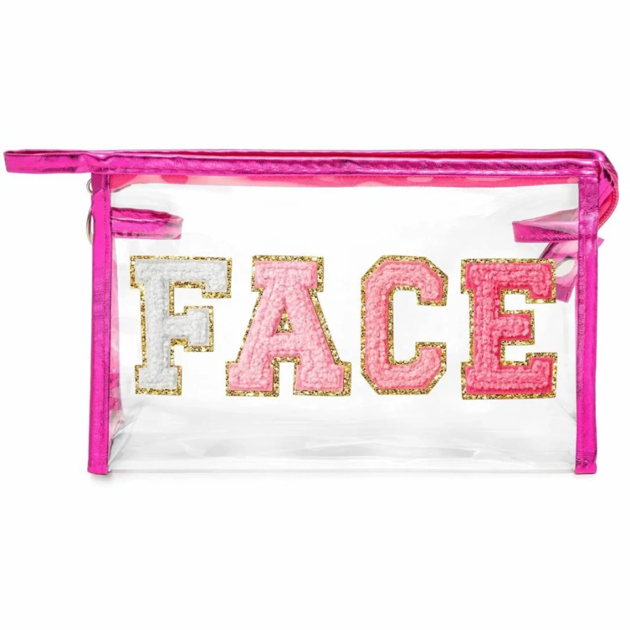 Y1Tvei Rose Red PVC Makeup Bag - Waterproof Transparent Cosmetic Toiletry Travel Organizer for Women Girls Teens, Preppy Varsity Letter Zipper Clutch Purse
