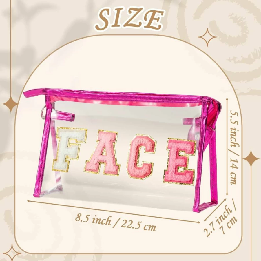 Y1Tvei Rose Red PVC Makeup Bag - Waterproof Transparent Cosmetic Toiletry Travel Organizer for Women Girls Teens, Preppy Varsity Letter Zipper Clutch Purse
