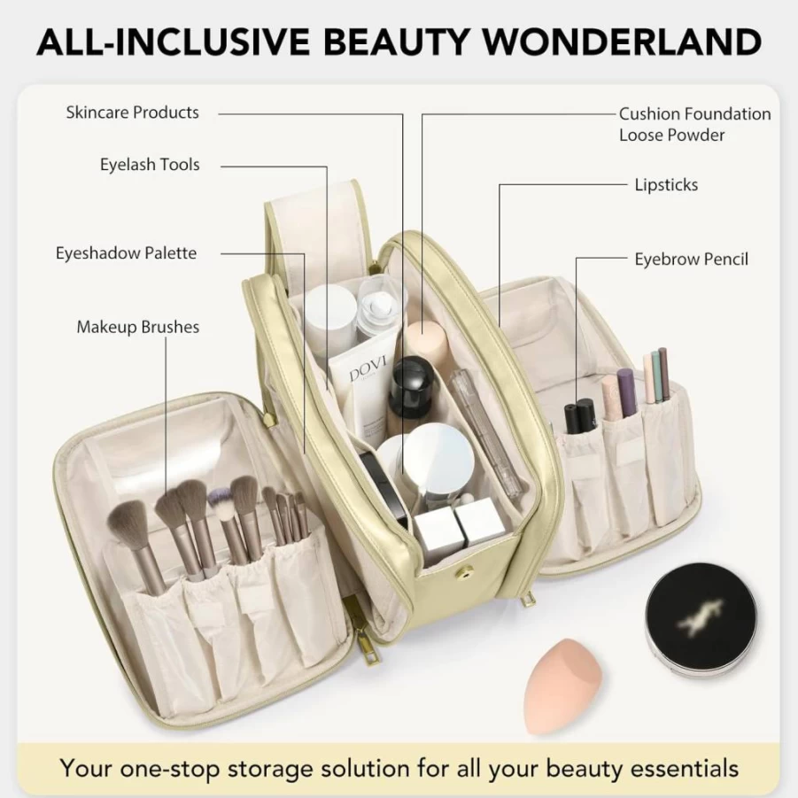 HauteHues Large Travel Makeup Bag for Women - Waterproof Cosmetic Organizer with Brush Holder, Portable Free-Standing Toiletry Bag, Orange