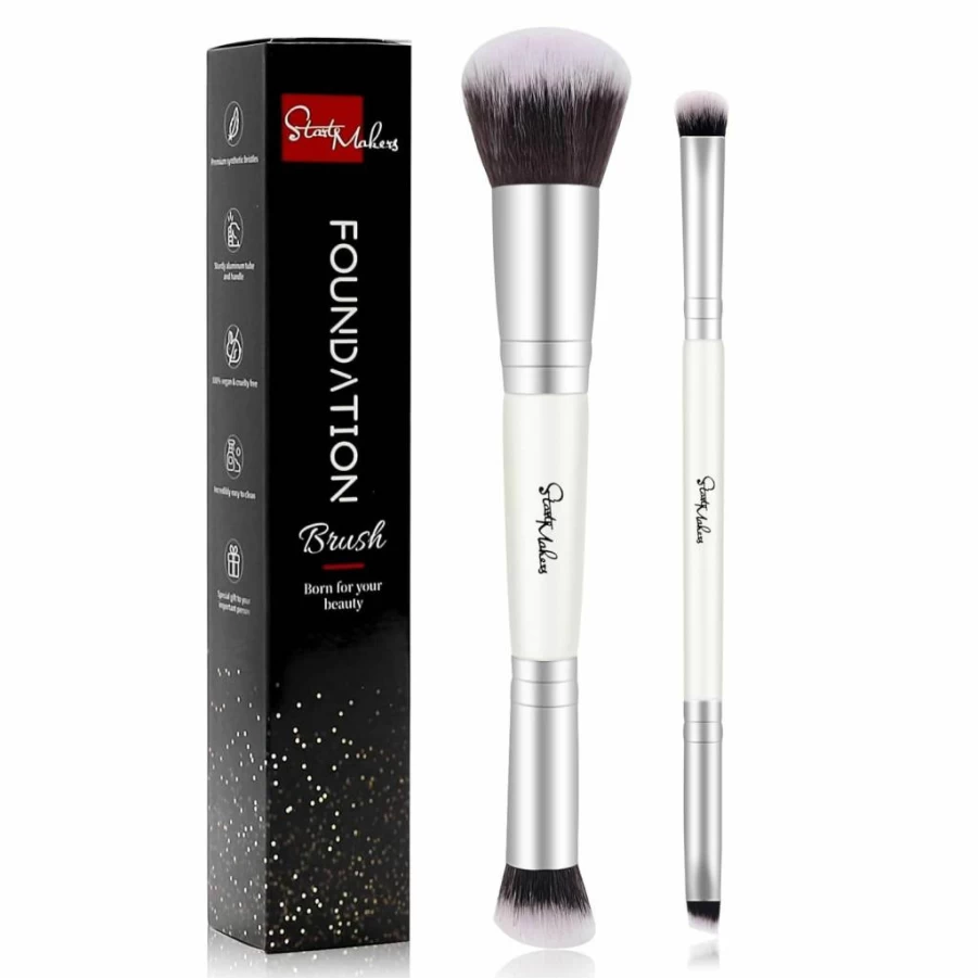 START MAKERS 2-in-1 Dual Ended Makeup Brush Set - Foundation Concealer Brush for Liquid & Powder, Eyeshadow Blending, Contouring & Buffing (2 Piece Professional Makeup Brushes)