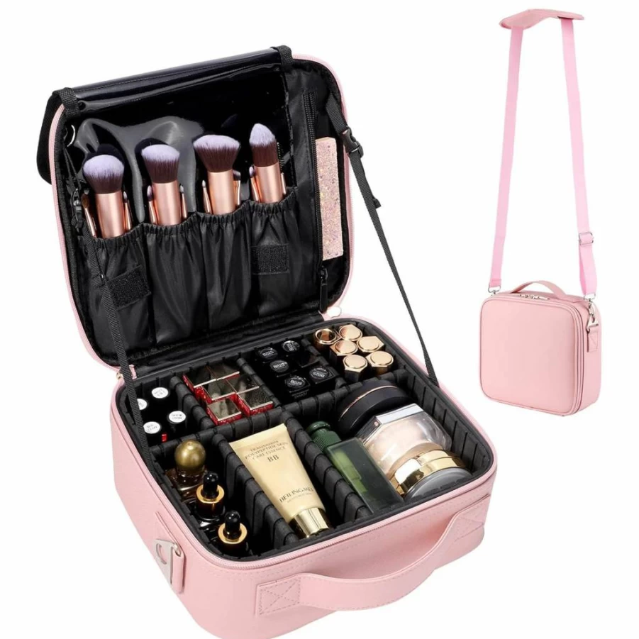 GZCZ Professional 16.5 Inch Large Makeup Train Case - Portable Cosmetic Organizer with Adjustable Dividers, Shoulder Strap & Brush Storage (Black)