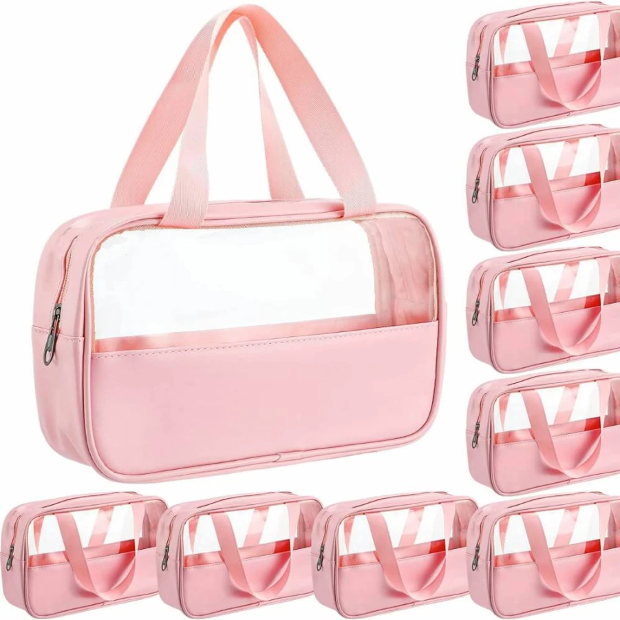 Buryeah 9-Piece Waterproof Translucent Travel Cosmetic Bag Set with Hanging Handles, Pink Toiletry Organizer for Women & Men, 10.2 x 6.3 x 2.8 Inches Portable Makeup Pouch