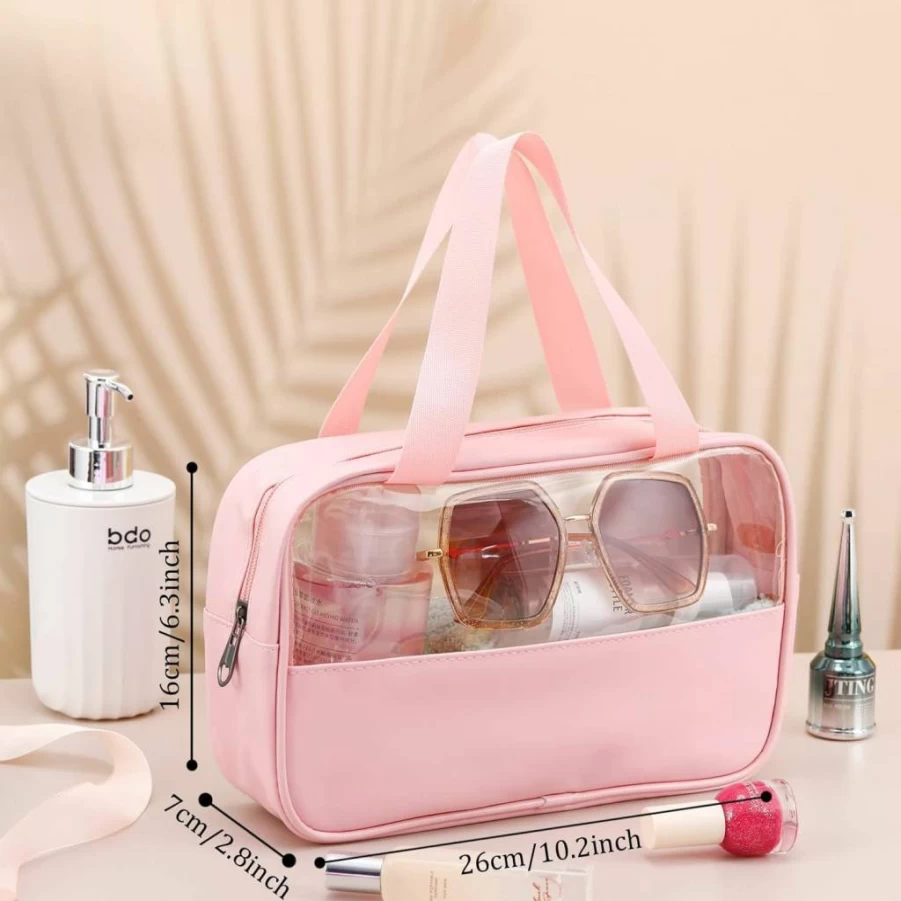 Buryeah 9-Piece Waterproof Translucent Travel Cosmetic Bag Set with Hanging Handles, Pink Toiletry Organizer for Women & Men, 10.2 x 6.3 x 2.8 Inches Portable Makeup Pouch