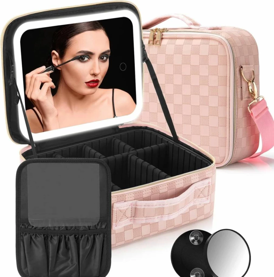 GOLLUNER Rechargeable Travel Makeup Bag with LED Mirror - 3 Color Light Settings, Portable Cosmetic Organizer Case for Women, Black Medium Beauty Accessories