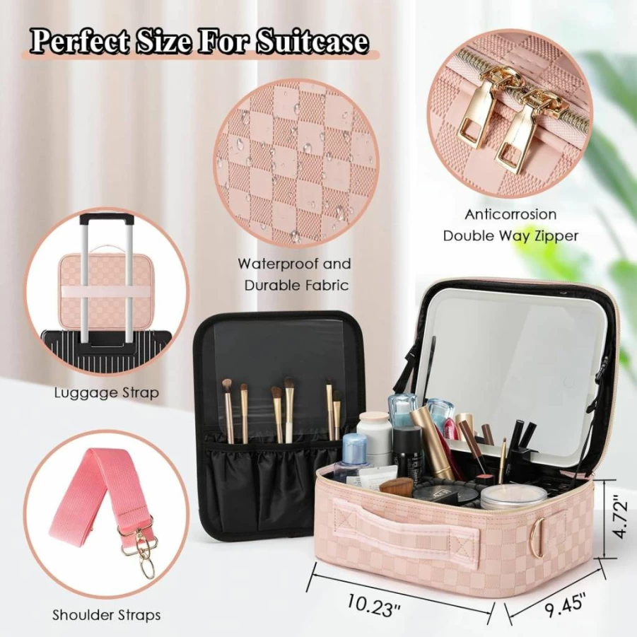 GOLLUNER Rechargeable Travel Makeup Bag with LED Mirror - 3 Color Light Settings, Portable Cosmetic Organizer Case for Women, Black Medium Beauty Accessories