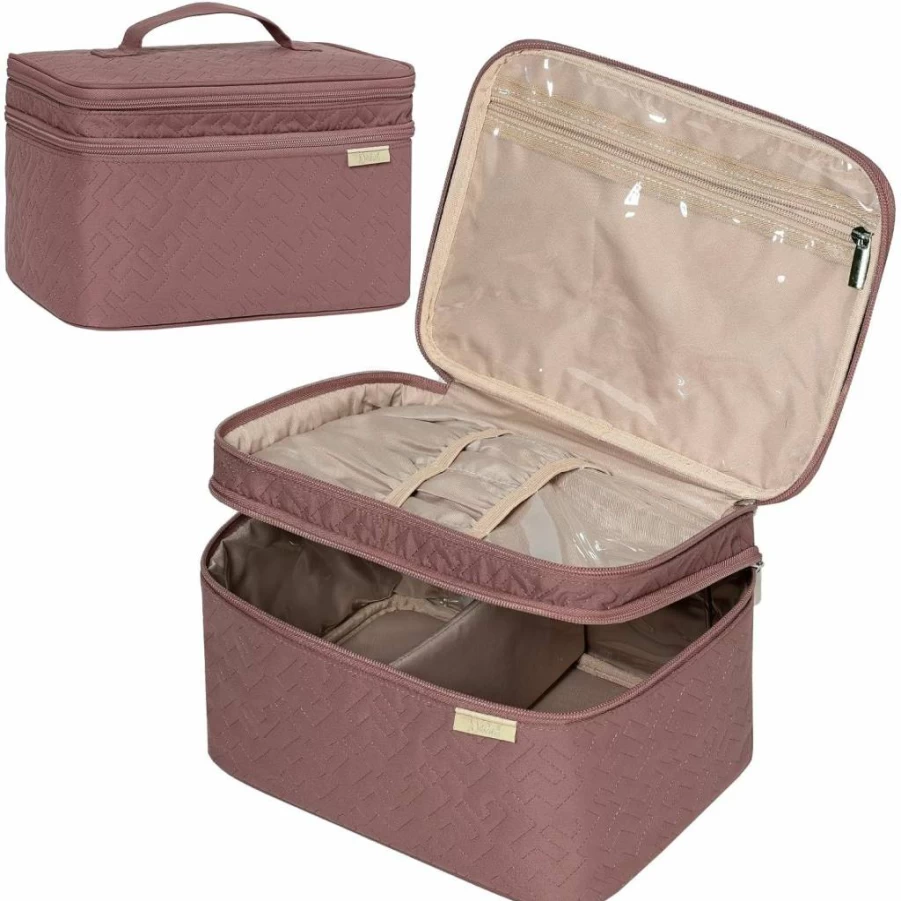 NISHEL Large Double Layer Cosmetic Bag for Women, Travel Makeup Organizer with Rose-Wood Pink Design, Holds Brushes, Bottles, Skincare & Toiletries