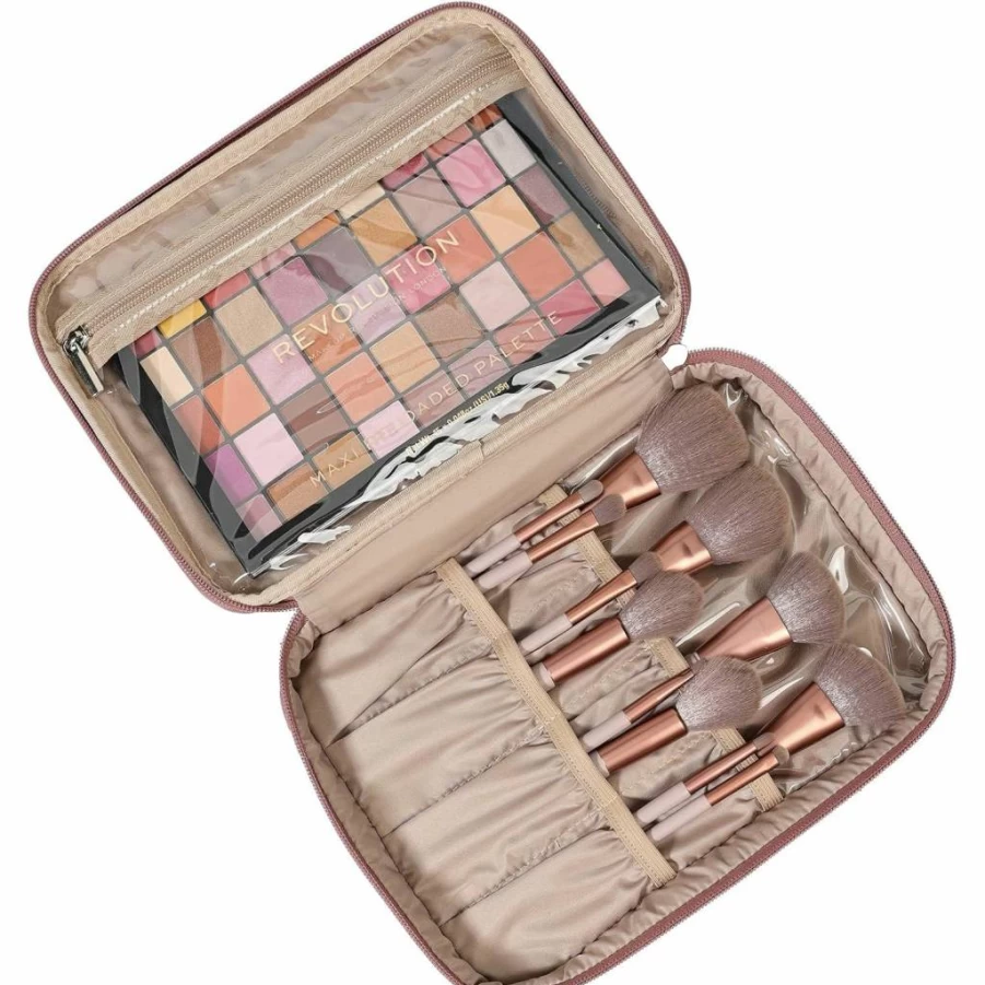 NISHEL Large Double Layer Cosmetic Bag for Women, Travel Makeup Organizer with Rose-Wood Pink Design, Holds Brushes, Bottles, Skincare & Toiletries