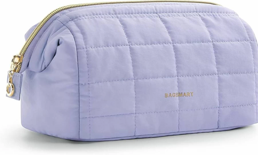 BAGSMART Puffy Padded Makeup Bag for Women - Travel Toiletry Organizer Case, Wide-Open Cosmetic Pouch with Brush Holder, Dark Pink Essential Accessories
