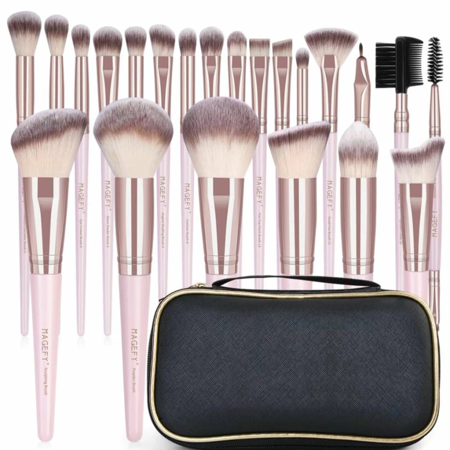 MAGEFY 22-Piece Professional Makeup Brush Set with Travel Case - Synthetic Foundation, Eyeshadow, Blush Brushes for All Makeup Needs (Black Gold)