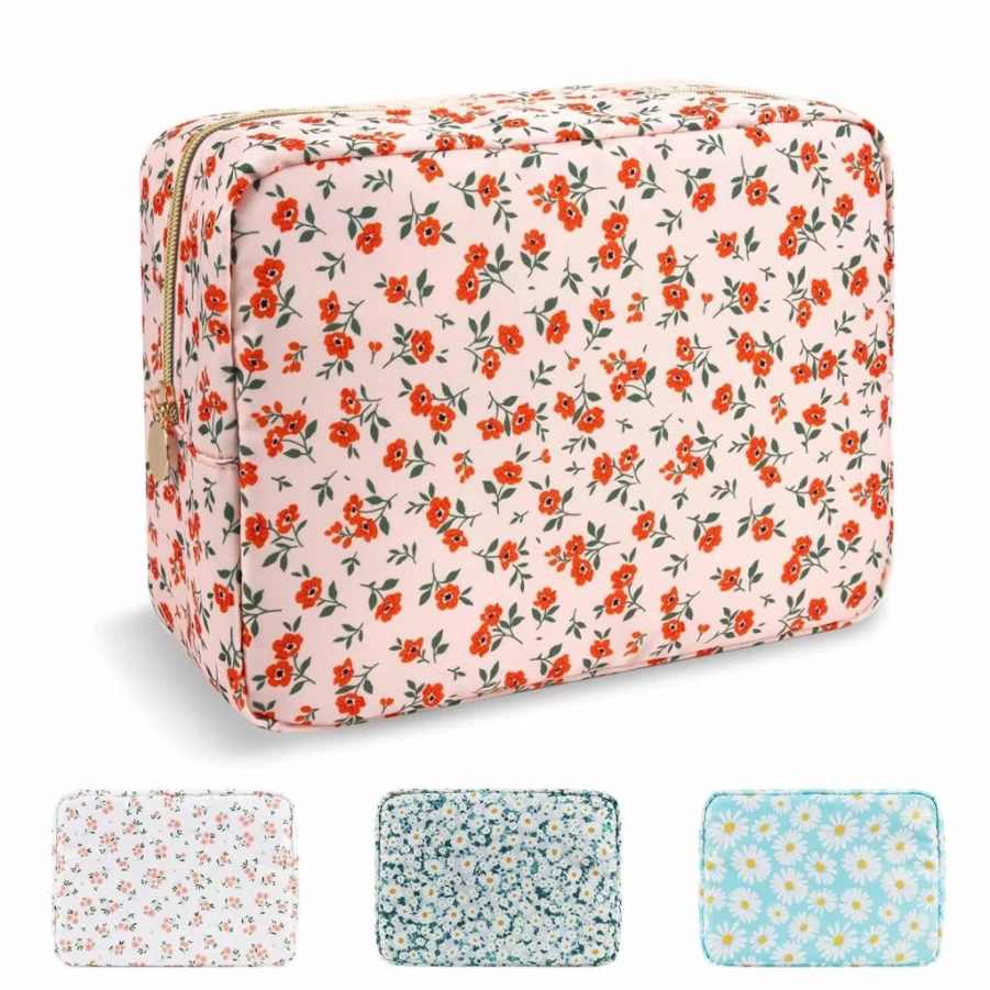 UIXIZQ Mini Makeup Bag for Women - Cute Bubblegum Pink Travel Cosmetic Pouch, Small Nylon Zipper Organizer for Purse, Toiletries, School & Work Accessories