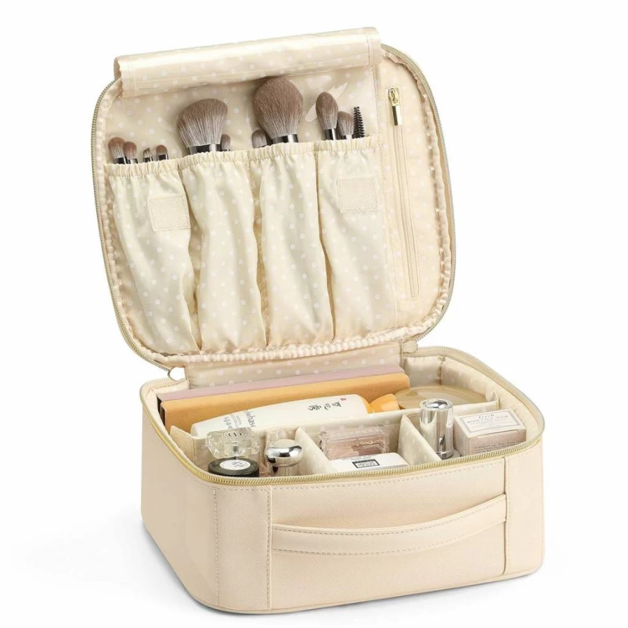 Vlando Leather Makeup Bag for Women - Adjustable Dividers Travel Cosmetic Organizer, Makeup Brush Case, Ideal Gift for Valentine's Day, Birthday (White)