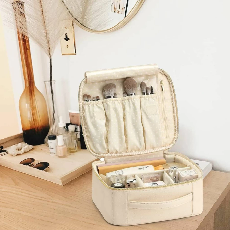 Vlando Leather Makeup Bag for Women - Adjustable Dividers Travel Cosmetic Organizer, Makeup Brush Case, Ideal Gift for Valentine's Day, Birthday (White)