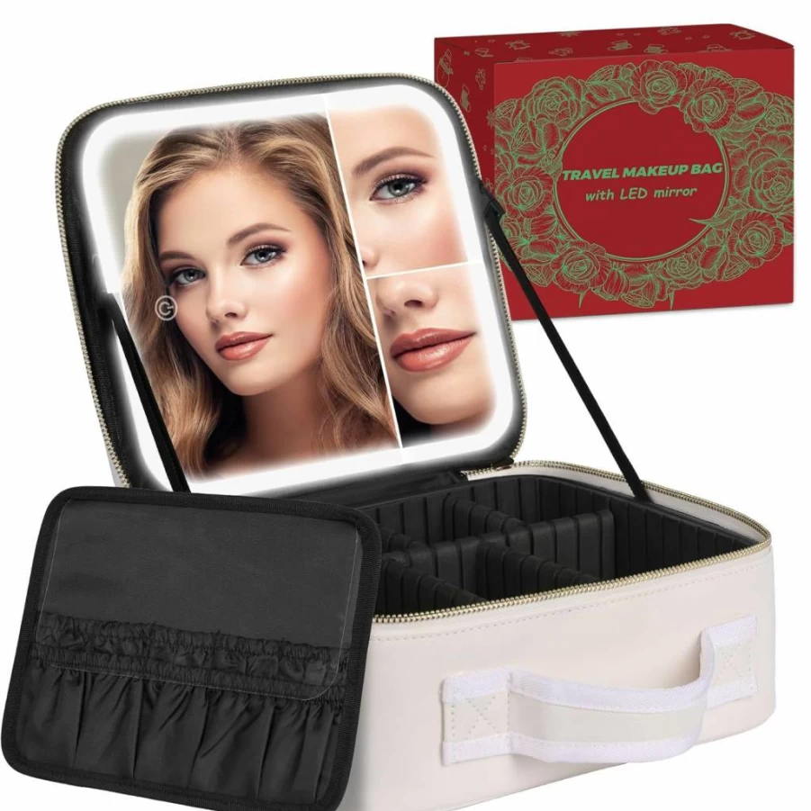 MAYFIY Pink Travel Makeup Bag with LED Lighted Mirror, 3 Color Settings, 3X Magnification, Adjustable Dividers & Brush Holder - Portable Cosmetic Train Case