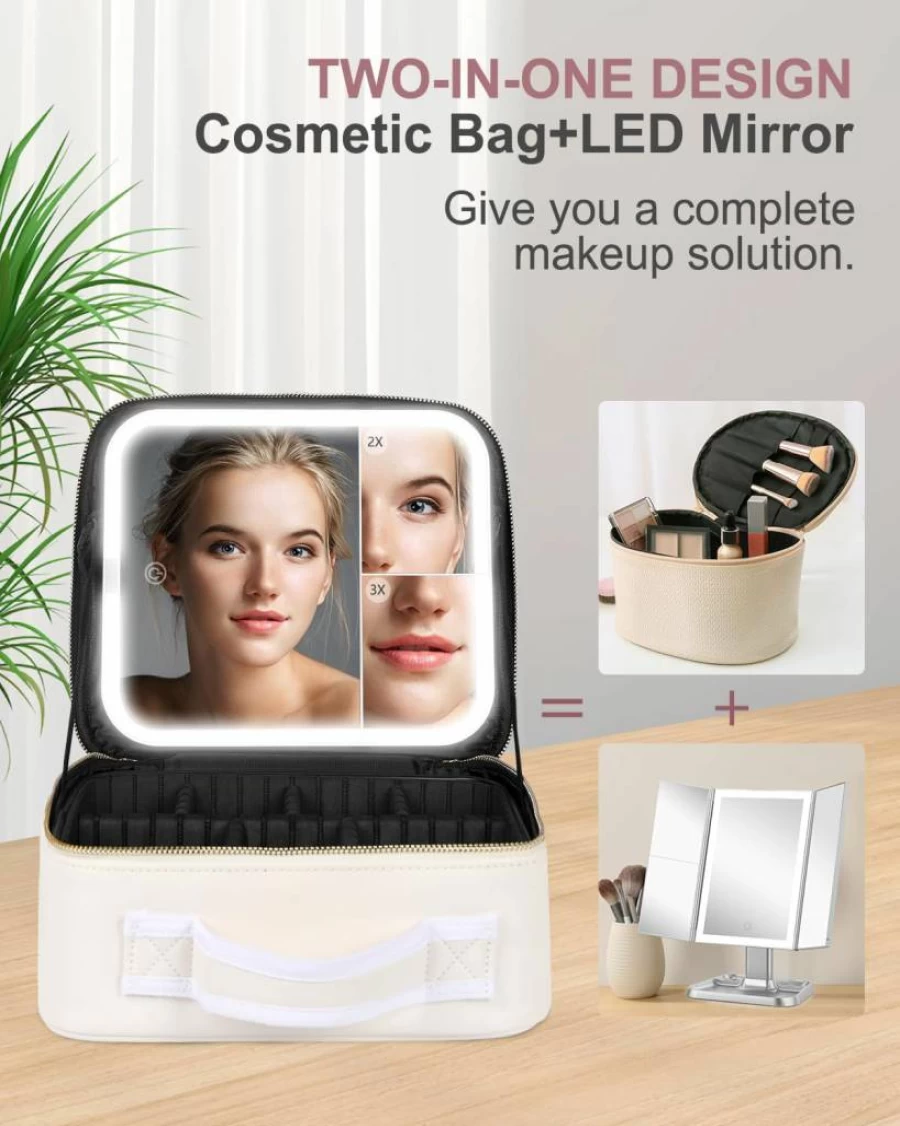 MAYFIY Pink Travel Makeup Bag with LED Lighted Mirror, 3 Color Settings, 3X Magnification, Adjustable Dividers & Brush Holder - Portable Cosmetic Train Case
