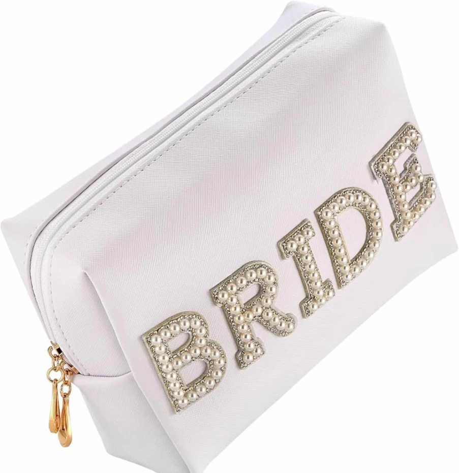 MIRIFRIGE Bling Bridal Makeup Bag with Pearl Rhinestone Letters - Waterproof PU Leather Travel Cosmetic Pouch for Women, Portable Toiletry Organizer