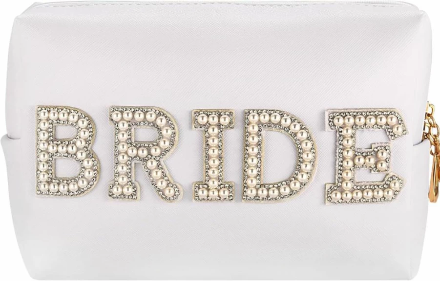 MIRIFRIGE Bling Bridal Makeup Bag with Pearl Rhinestone Letters - Waterproof PU Leather Travel Cosmetic Pouch for Women, Portable Toiletry Organizer