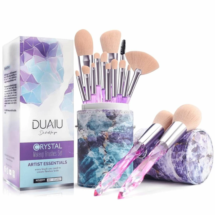 DUAIU 15-Piece Professional Makeup Brush Set with Synthetic Bristles, Crystal Handle, Kabuki Foundation Brush, and Starry Gift Box - Blue