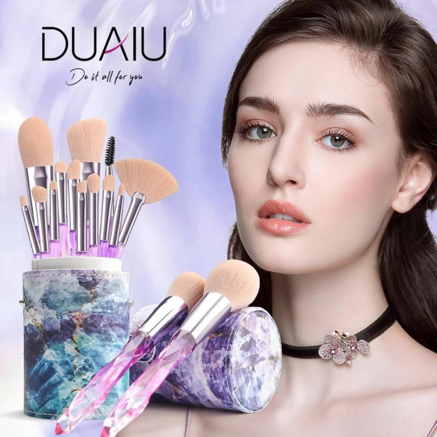 DUAIU 15-Piece Professional Makeup Brush Set with Synthetic Bristles, Crystal Handle, Kabuki Foundation Brush, and Starry Gift Box - Blue