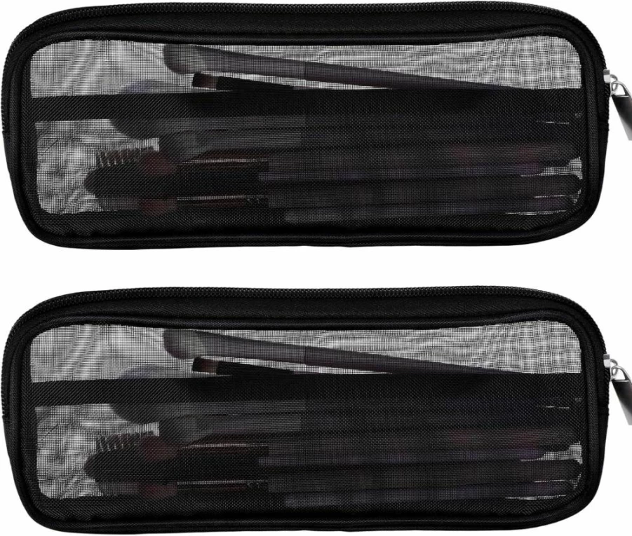 Styquenzer 8.3 x 4 Inch Mesh Makeup Brush Bag - 2 Pack Clear Travel Cosmetic Brush Holder with Zipper, Portable Transparent Toiletry Organizer for Brushes (Black)