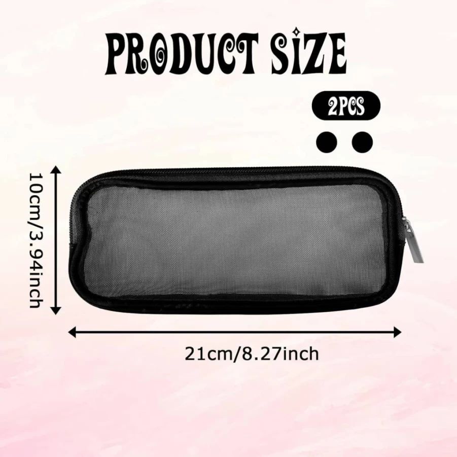 Styquenzer 8.3 x 4 Inch Mesh Makeup Brush Bag - 2 Pack Clear Travel Cosmetic Brush Holder with Zipper, Portable Transparent Toiletry Organizer for Brushes (Black)