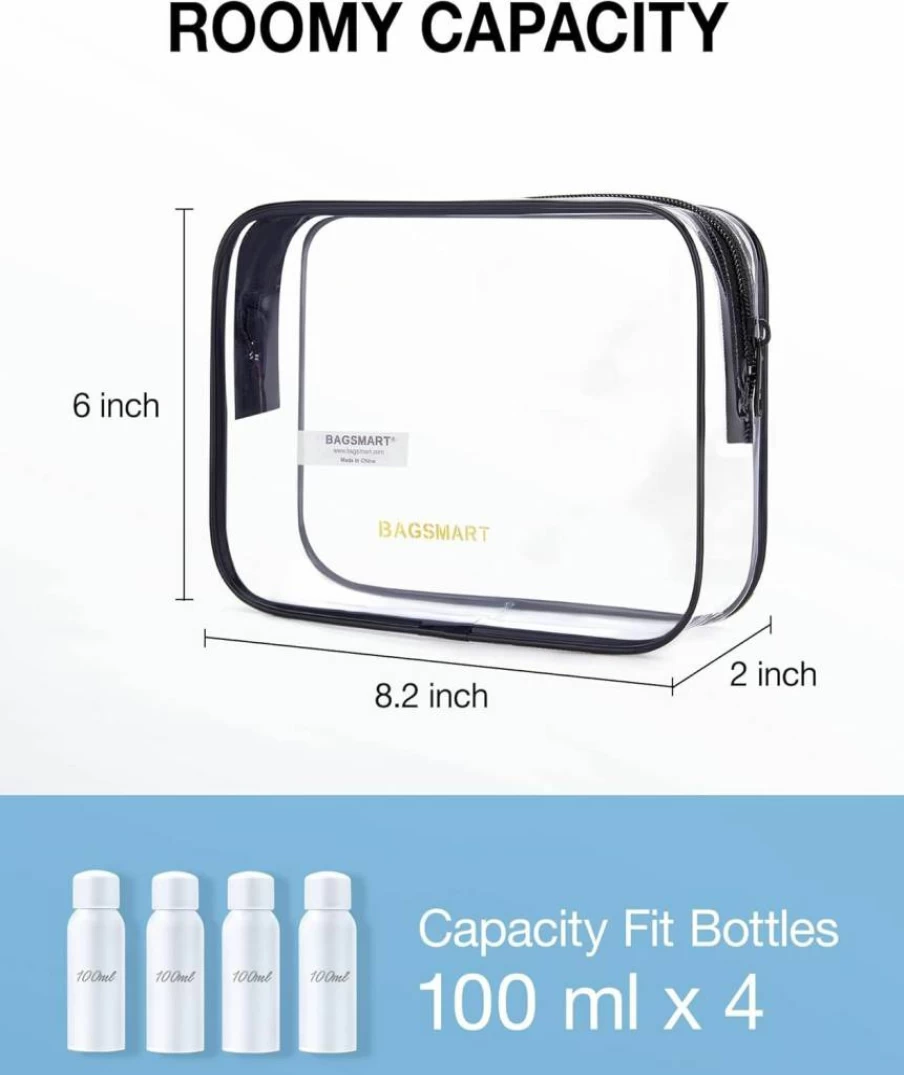 BAGSMART TSA Approved Clear Toiletry Bag 2-Pack, Water Resistant Quart Size Travel Organizer for Makeup & Cosmetics, Airline Carry-On Essentials for Women & Men, Black