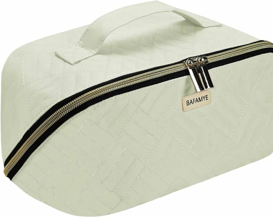 BAFAMYE 4L Waterproof Travel Makeup Bag with Brush Holder - Compact Cosmetic & Toiletry Organizer for Women, Beige