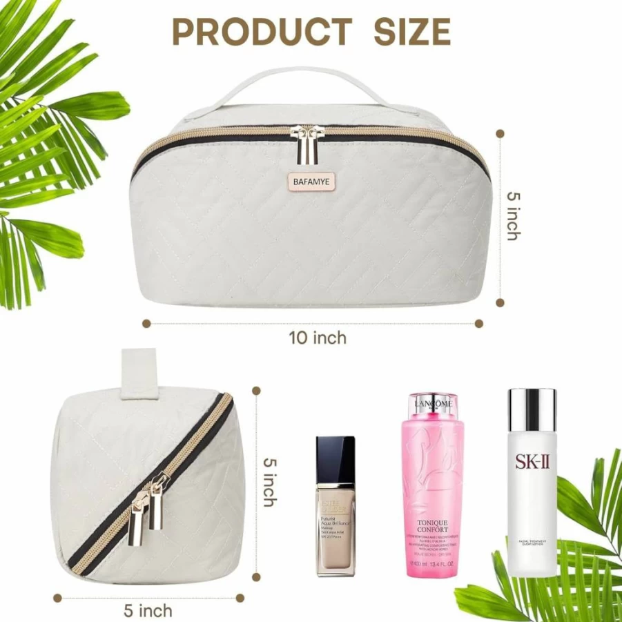 BAFAMYE 4L Waterproof Travel Makeup Bag with Brush Holder - Compact Cosmetic & Toiletry Organizer for Women, Beige