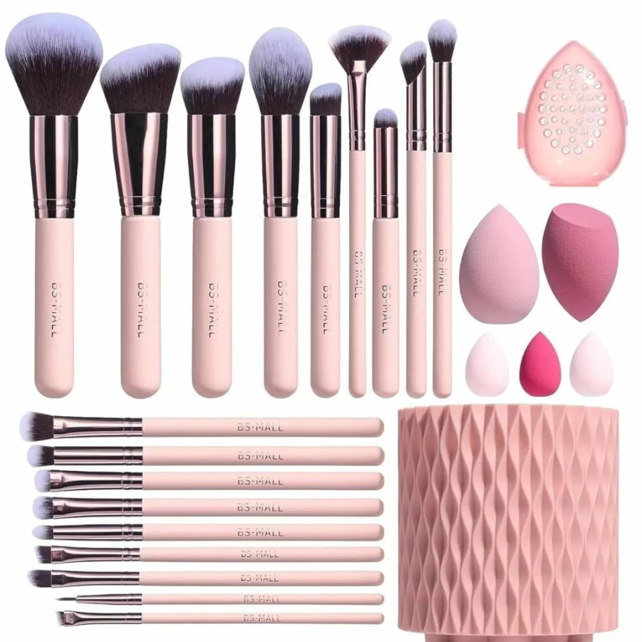 BS-MALL 18-Piece Makeup Brush Set with 5 Blending Sponges & Case - Premium Synthetic Foundation, Powder, Concealer, Eyeshadow Brushes (Pink)