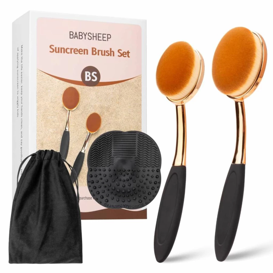 BABYSHEEP Sunscreen Applicator Brush Set - 3 Piece Gold Travel Size Sunblock Lotion Applicator for Face & Body, Includes Storage Bag & Cleaning Mat, Safe for Kids and Adults