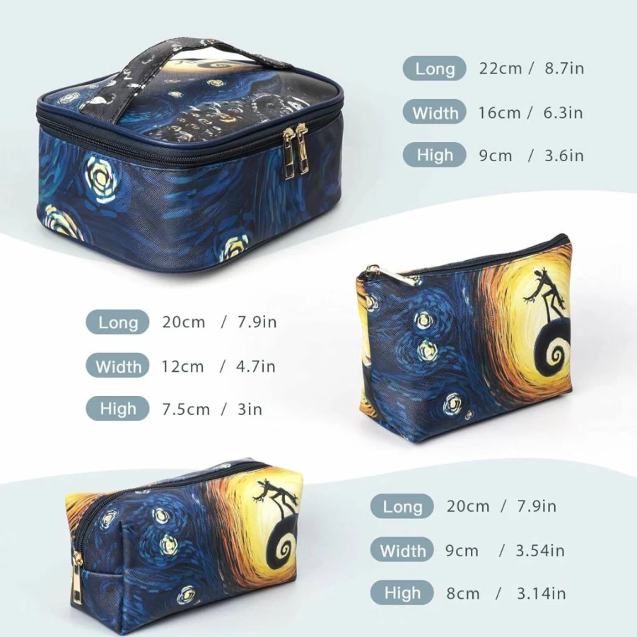 MRSP 3-Piece Waterproof Makeup Bag Set - Portable Travel Cosmetic Organizer for Women, The Nightmare Before Christmas Themed