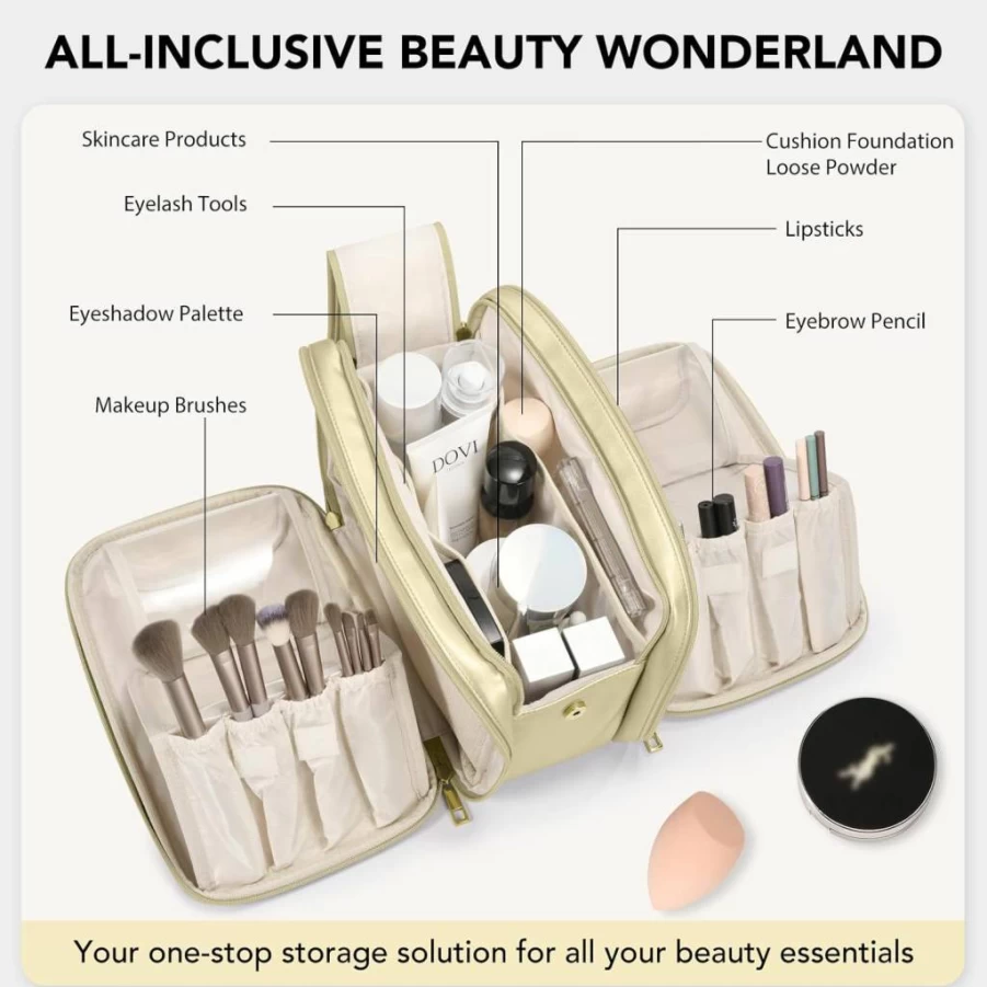 HauteHues Large Travel Makeup Bag for Women - Waterproof Cosmetic Organizer with Brush Holder, Portable Toiletry Bag, Free-Standing Vertical Design, Easy Access Pink Beauty Case