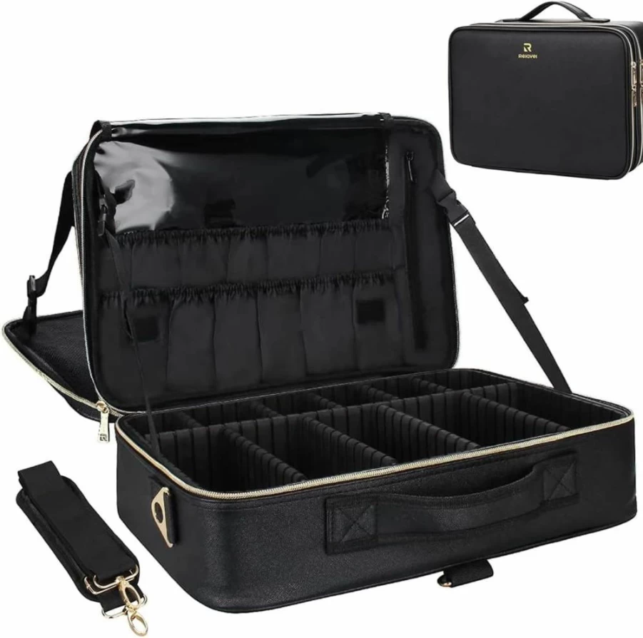 Relavel Professional Makeup Train Case - 13.8 Inch Large Travel Cosmetic Organizer with Adjustable Dividers, Brush Holder & Shoulder Strap, Portable Black Makeup Bag