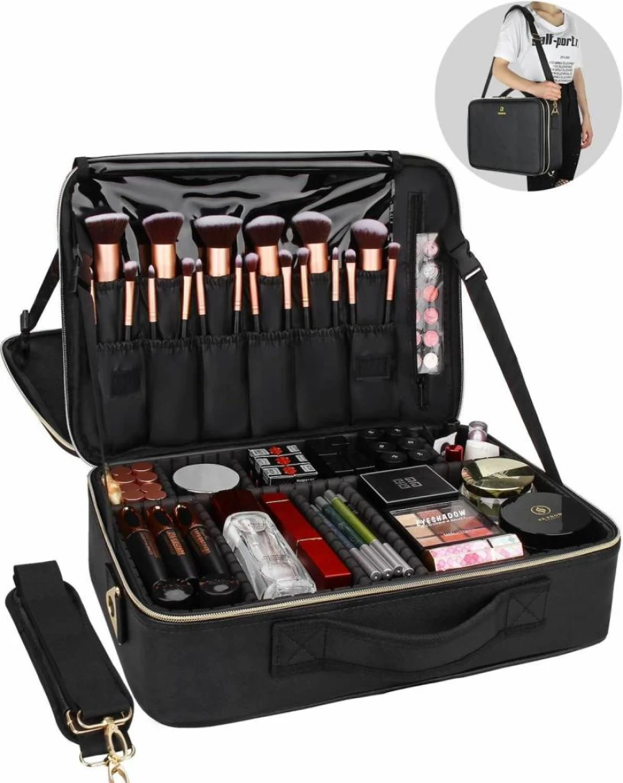 Relavel Professional Makeup Train Case - 13.8 Inch Large Travel Cosmetic Organizer with Adjustable Dividers, Brush Holder & Shoulder Strap, Portable Black Makeup Bag