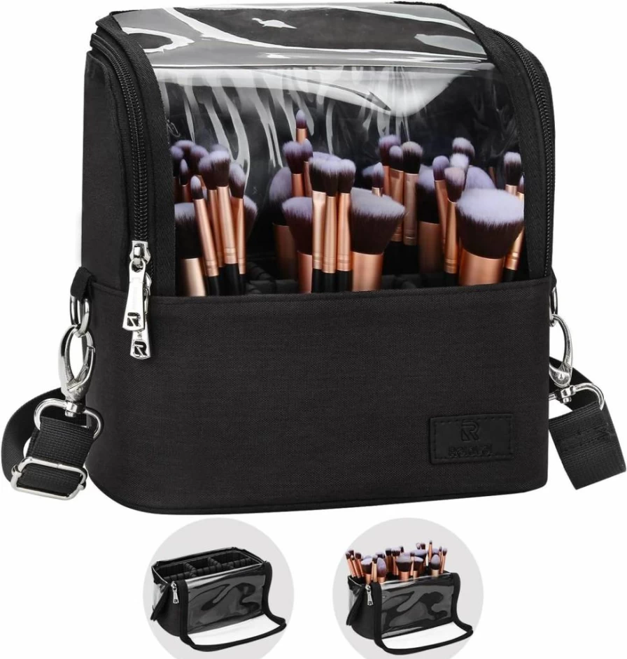 TANTO Professional Makeup Brush Organizer - Large Stand-Up Travel Cosmetic Bag with Adjustable Dividers, Black Artist Storage Cup for Brushes