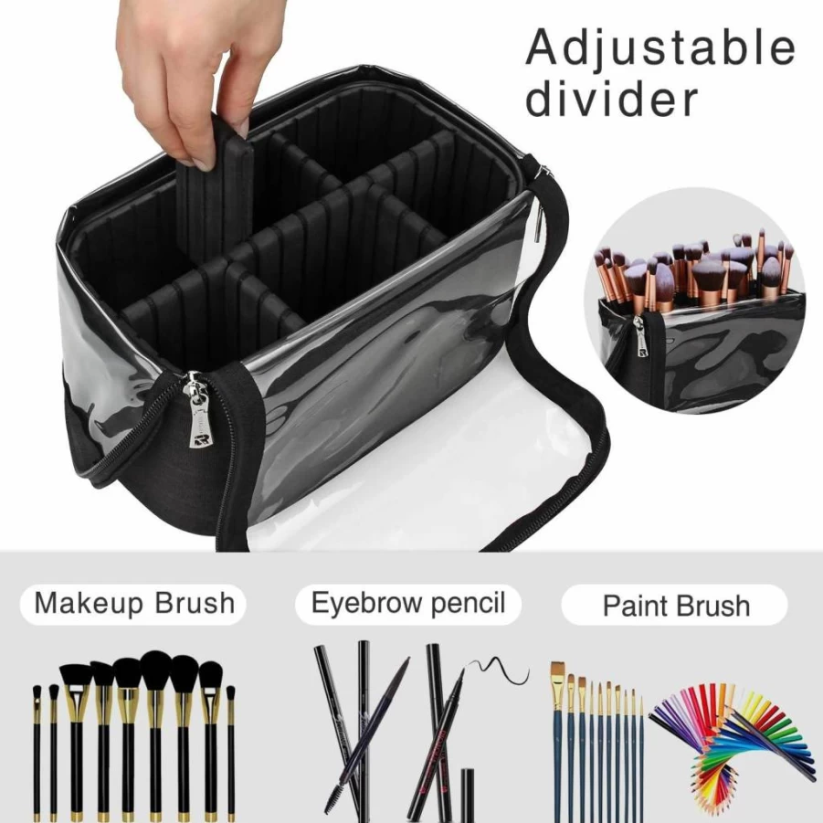 TANTO Professional Makeup Brush Organizer - Large Stand-Up Travel Cosmetic Bag with Adjustable Dividers, Black Artist Storage Cup for Brushes
